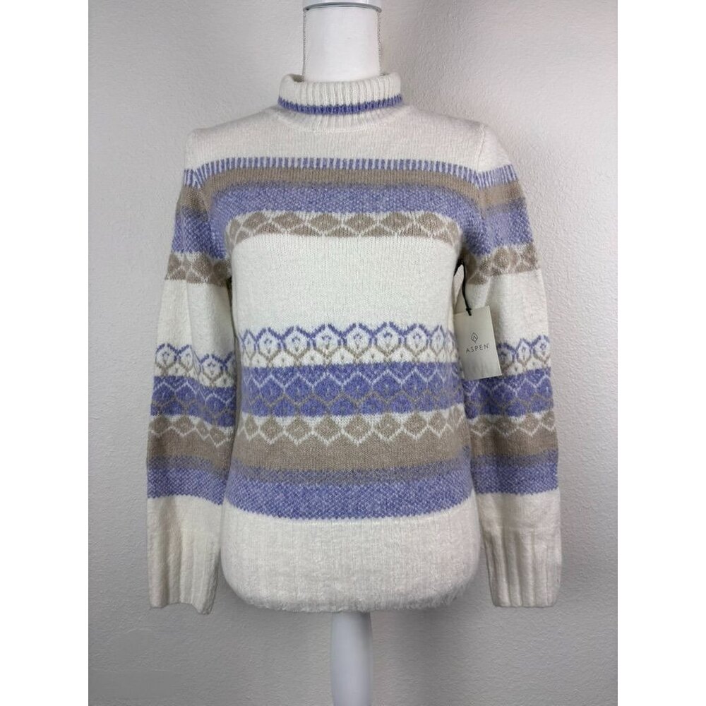 Aspen women's‎ XS cream purple fair isle turtle neck NWT knit sweater top